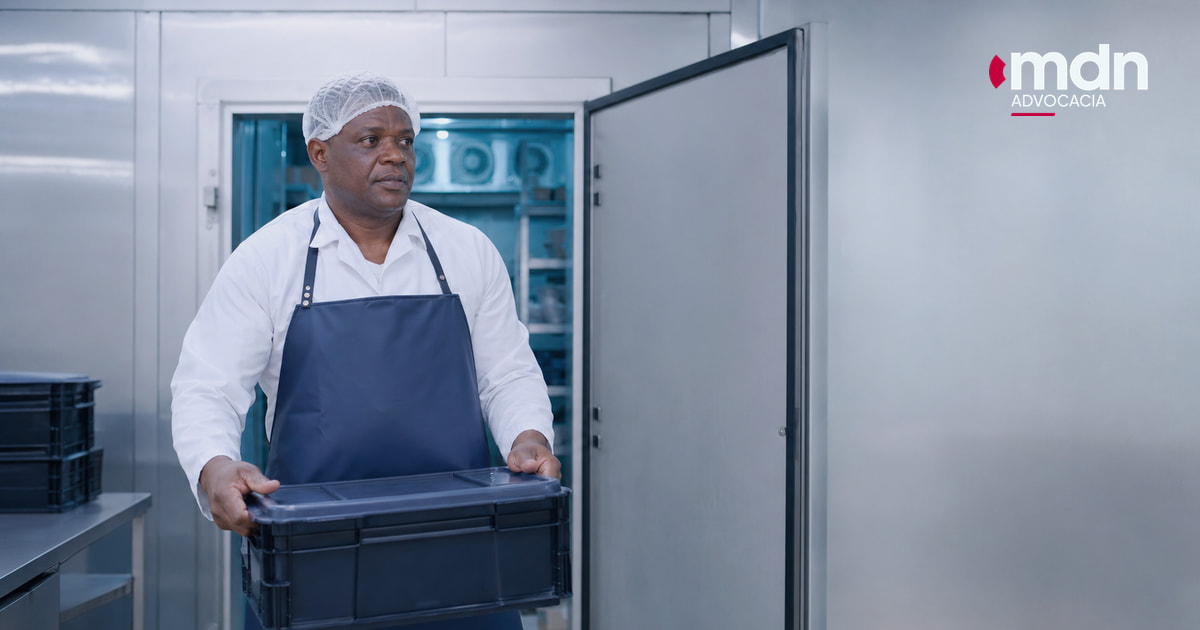 Açougueiro com roupa de trabalho diante de uma câmara fria em setor de carnes. Açougueiro com roupa de trabalho diante de uma câmara fria em setor de carnes.