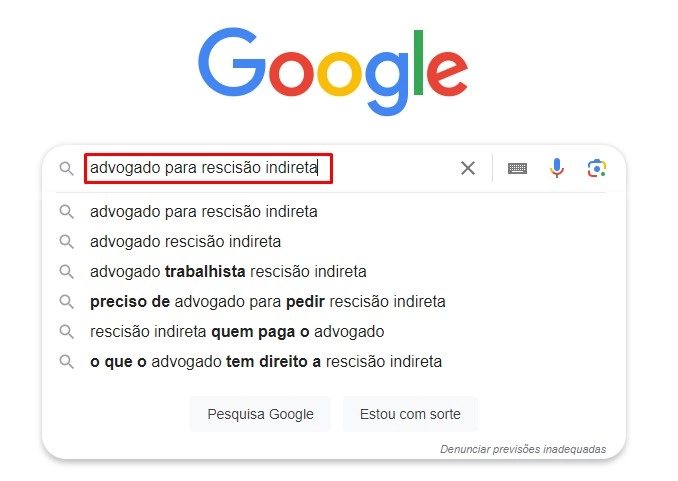 Resultados de busca no Google por advogado para rescisão indireta