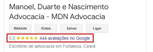 Lista de avaliações do perfil da MDN Advocacia no Google