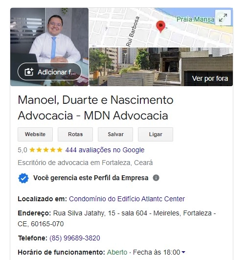 Perfil da MDN Advocacia no Google com nota e quantidade de avaliações