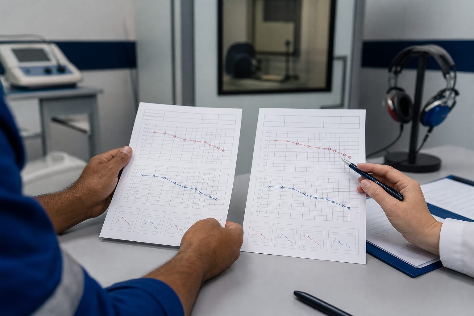 Trabalhador e profissional comparam duas audiometrias ocupacionais sem dados pessoais