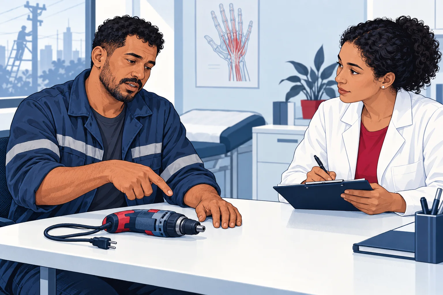 Ilustração de um trabalhador explicando à médica a dificuldade para segurar uma ferramenta, que está desligada sobre a mesa.