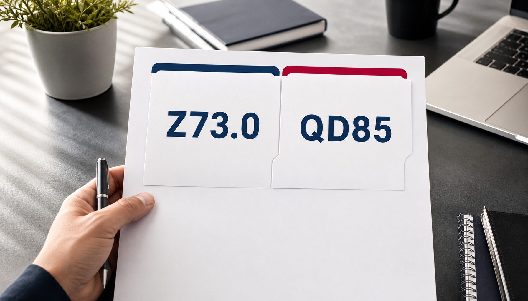 Documento sobre uma mesa mostrando a comparação entre os códigos Z73.0 e QD85 do burnout
