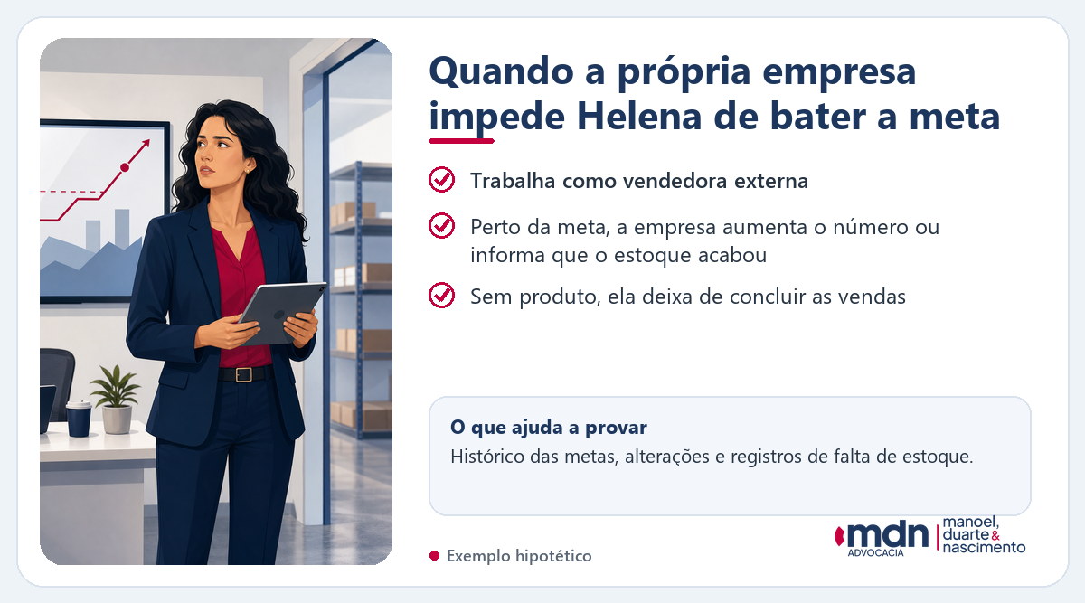 Exemplo de meta alterada e falta de estoque impedindo uma vendedora de alcançar o resultado