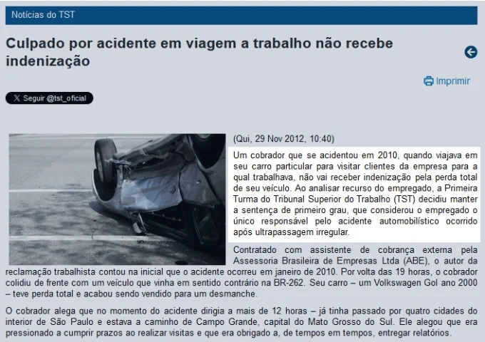 Notícia TST - Culpado por acidente em viagem a trabalho não recebe indenização