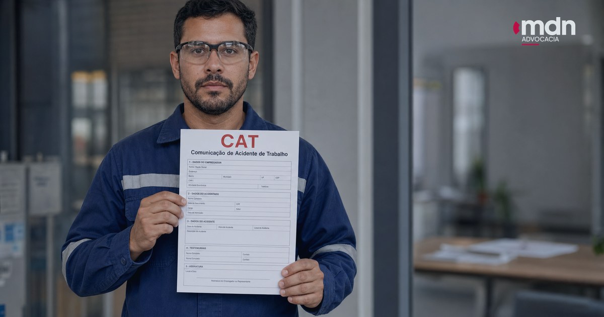 Trabalhador segurando uma Comunicação de Acidente de Trabalho (CAT).
