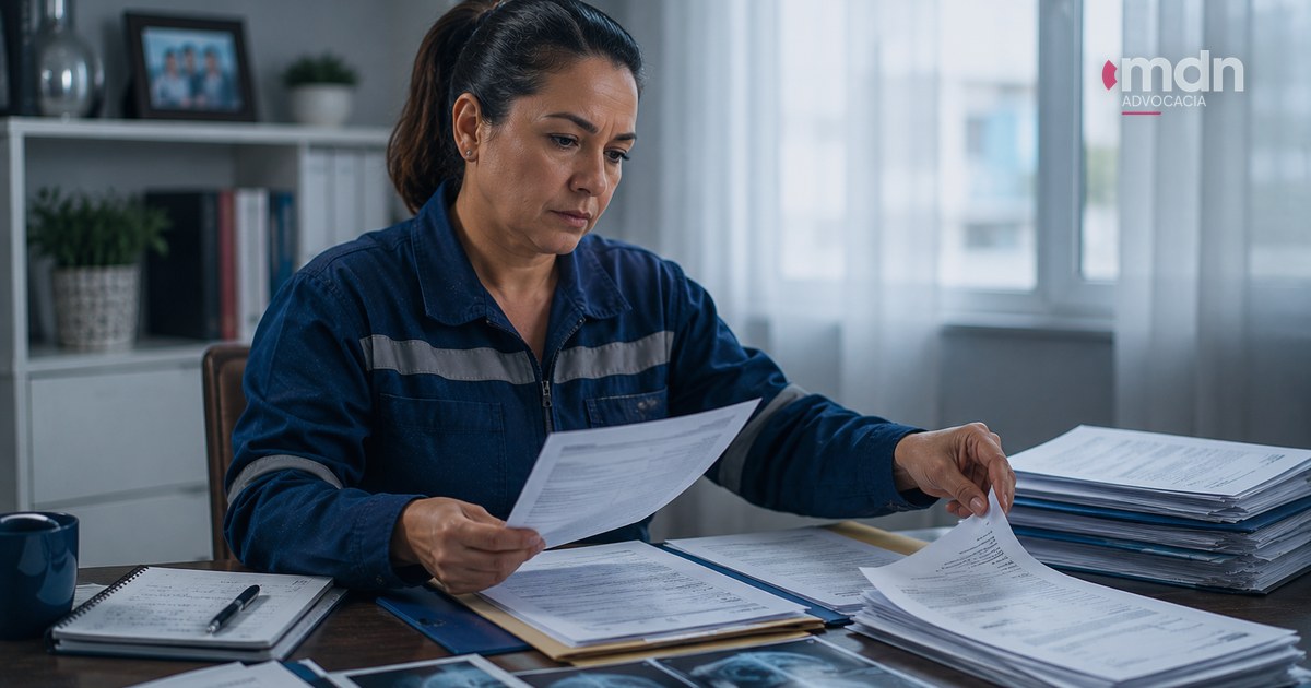 Trabalhadora organiza documentos para processo de acidente de trabalho