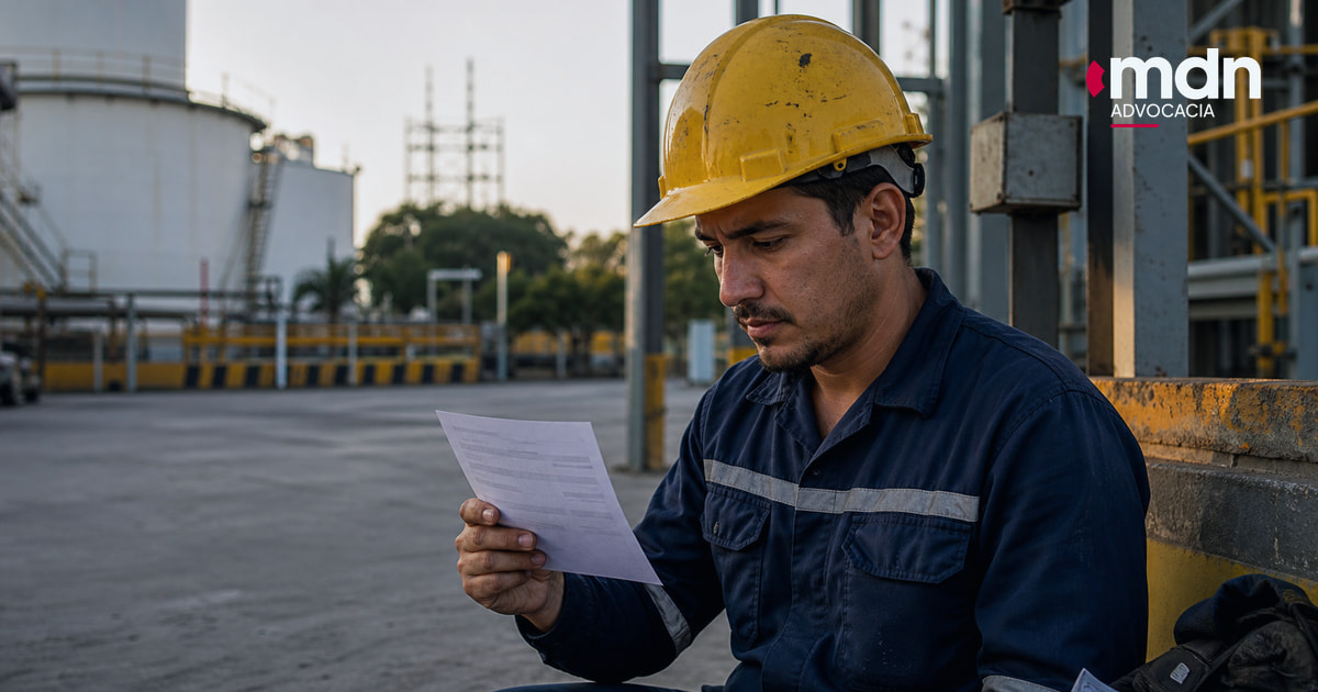 Trabalhador industrial conferindo o holerite após não receber o adicional de periculosidade