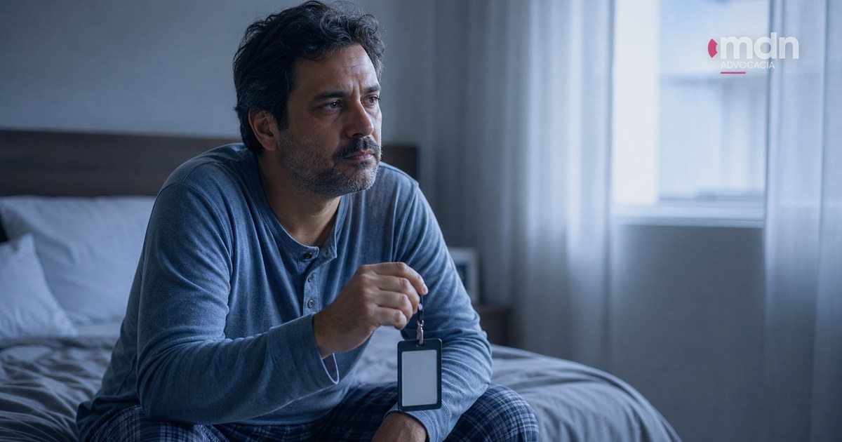 Demissão durante o tratamento da síndrome de burnout Trabalhador abalado segura o crachá após ser demitido durante o tratamento de burnout