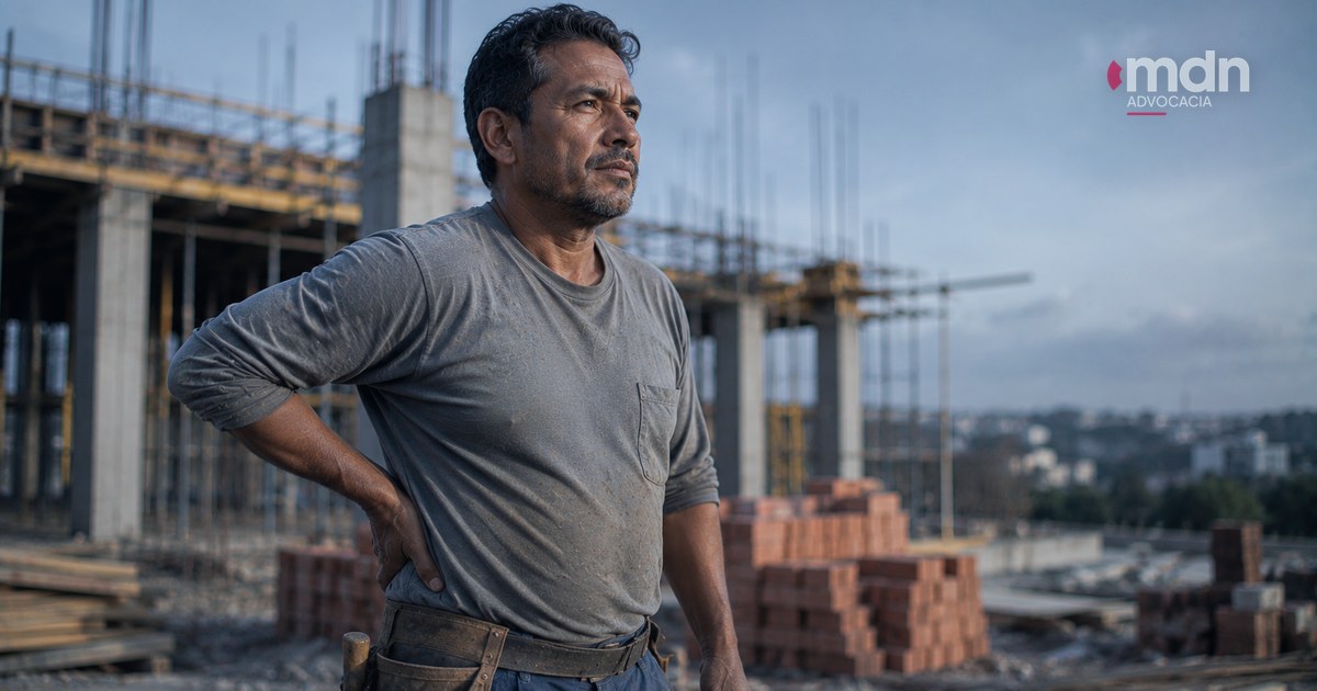 Trabalhador da construção civil com a mão na região lombar durante o expediente