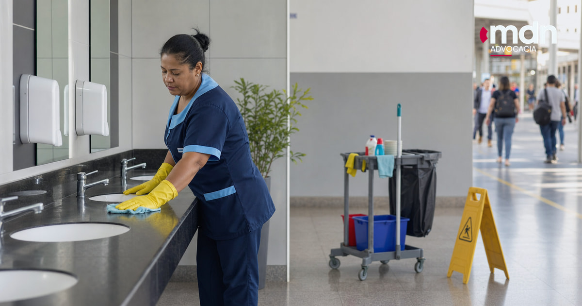 Profissional realizando limpeza de banheiro coletivo, tema do adicional de insalubridade