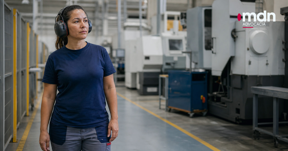 Trabalhadora usa protetor em fábrica com risco de perda auditiva induzida por ruído Trabalhadora usa protetor em fábrica com risco de perda auditiva induzida por ruído
