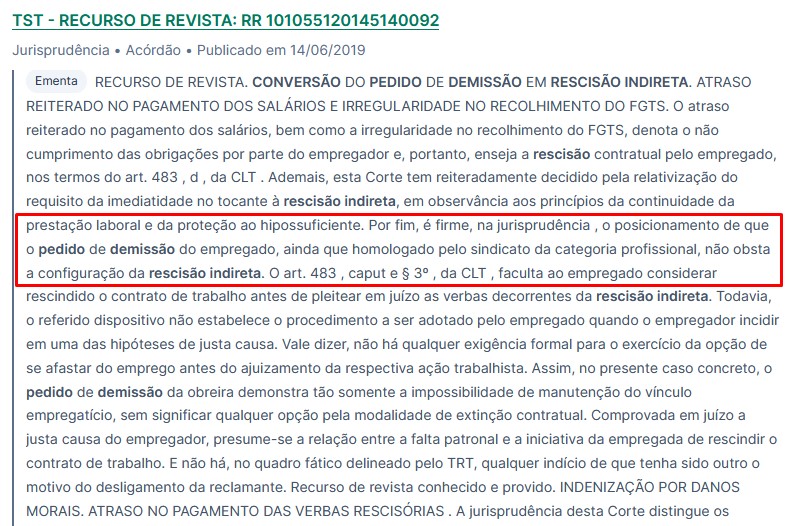Ementa do TST que admitiu a conversão do pedido de demissão diante de atrasos salariais e irregularidade no FGTS.