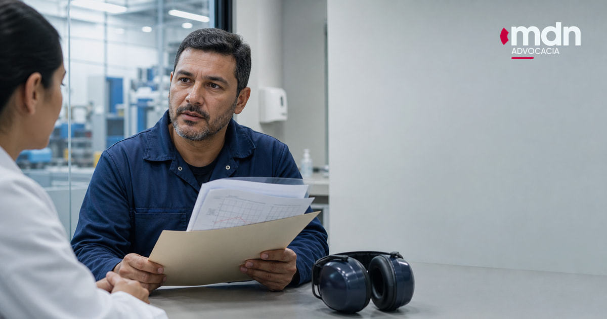 Trabalhador com possível perda auditiva no trabalho conversa diante de audiometrias e um protetor Trabalhador com possível perda auditiva no trabalho conversa diante de audiometrias e um protetor