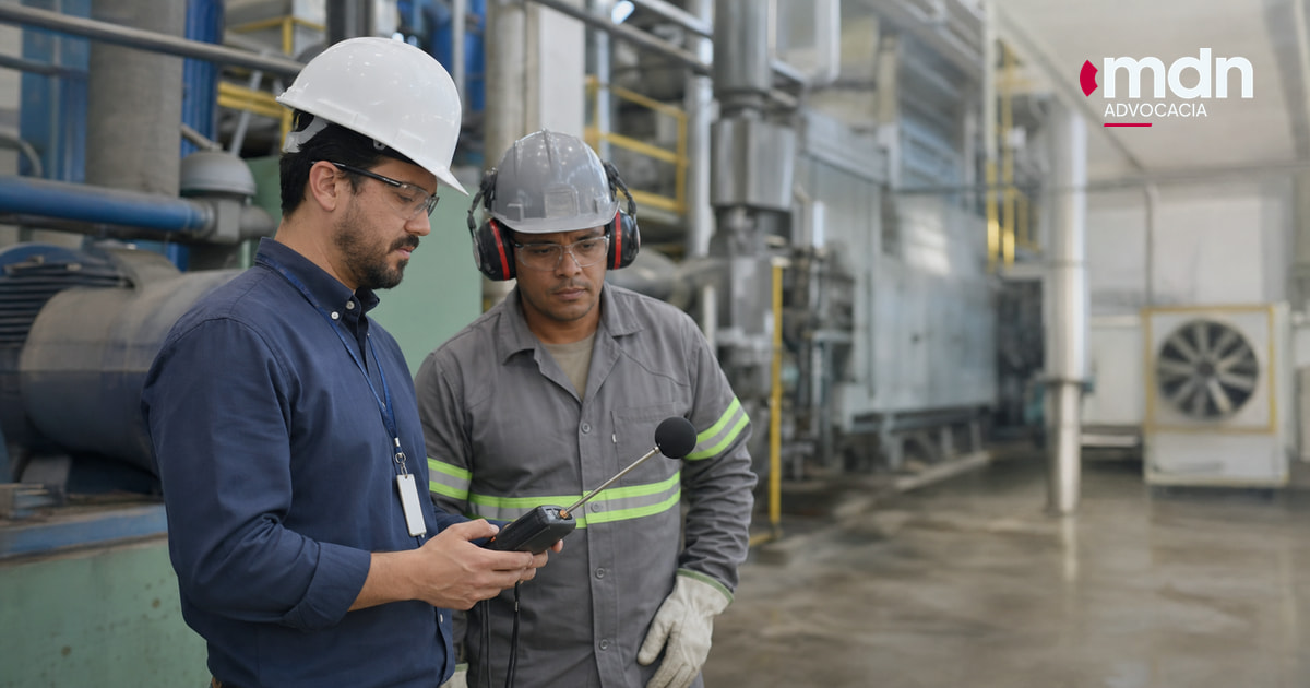 Perito e trabalhador durante avaliação de insalubridade em ambiente industrial Perito e trabalhador durante avaliação de insalubridade em ambiente industrial