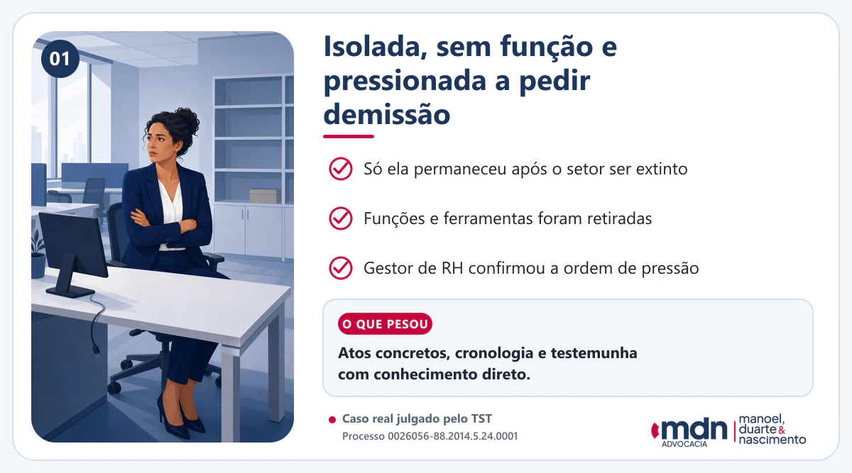 Caso julgado pelo TST em que uma trabalhadora ficou isolada, perdeu funções e teve a pressão para pedir demissão confirmada pelo gestor de RH