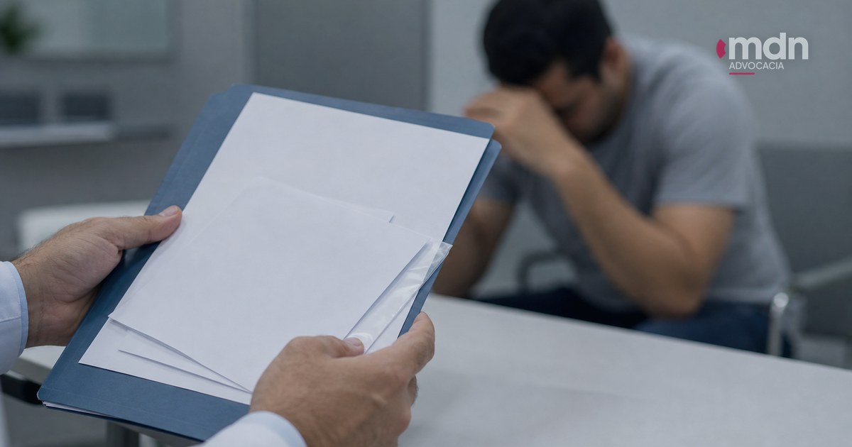 Profissional de saúde segura um prontuário diante de paciente em sofrimento emocional