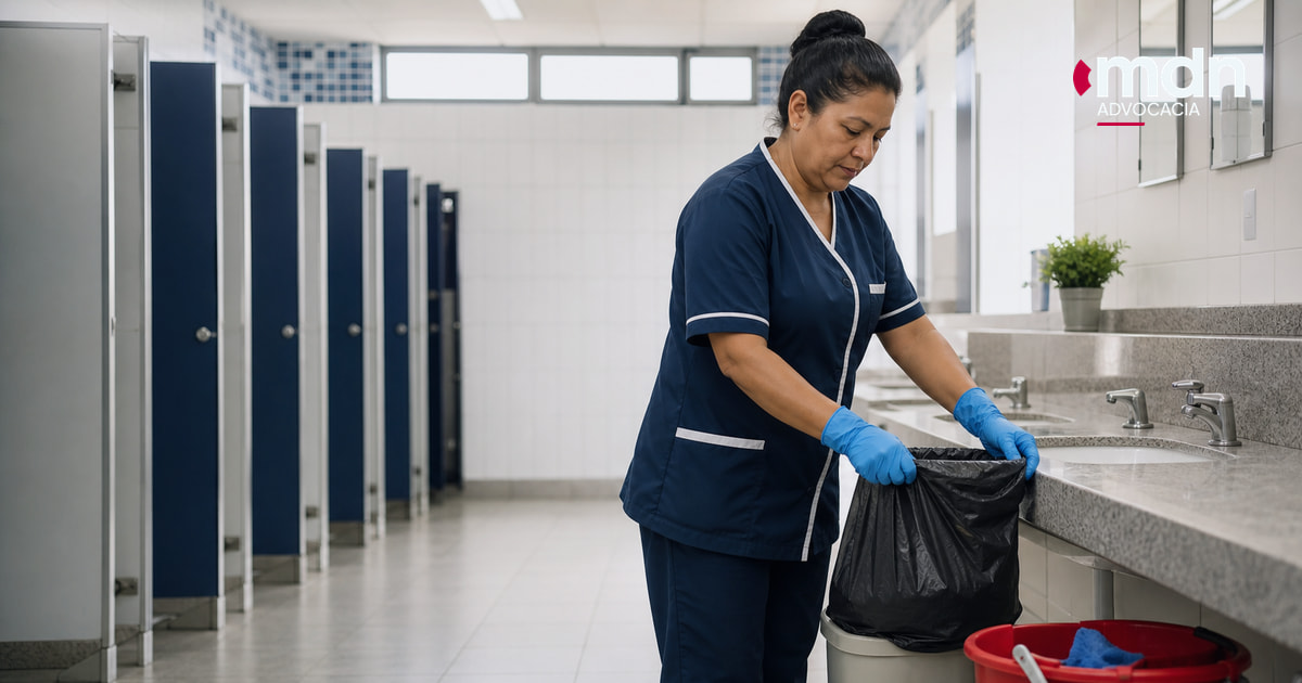Servente escolar recolhendo o lixo de banheiro coletivo em uma escola Servente escolar recolhendo o lixo de banheiro coletivo em uma escola