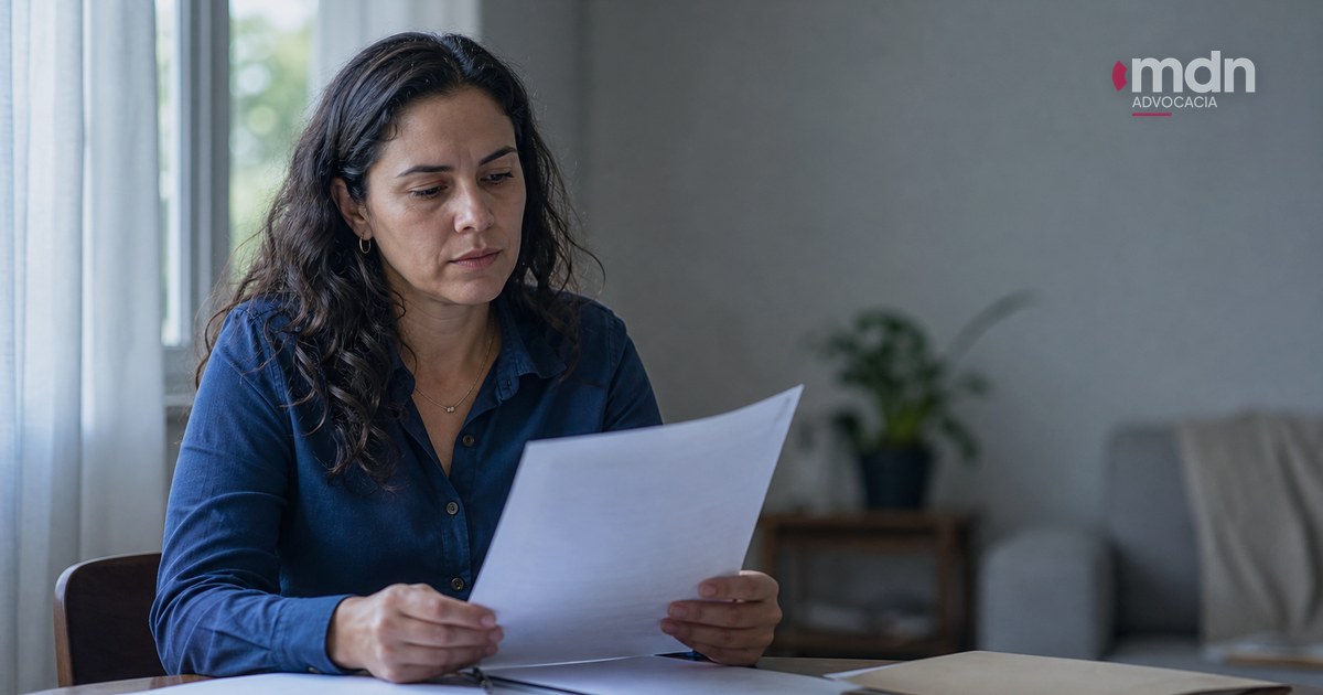 Mulher sentada à mesa analisando documentos sobre direitos trabalhistas relacionados ao burnout