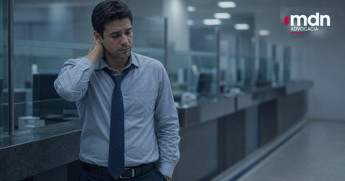 Profissional de banco com sinais de esgotamento durante o trabalho