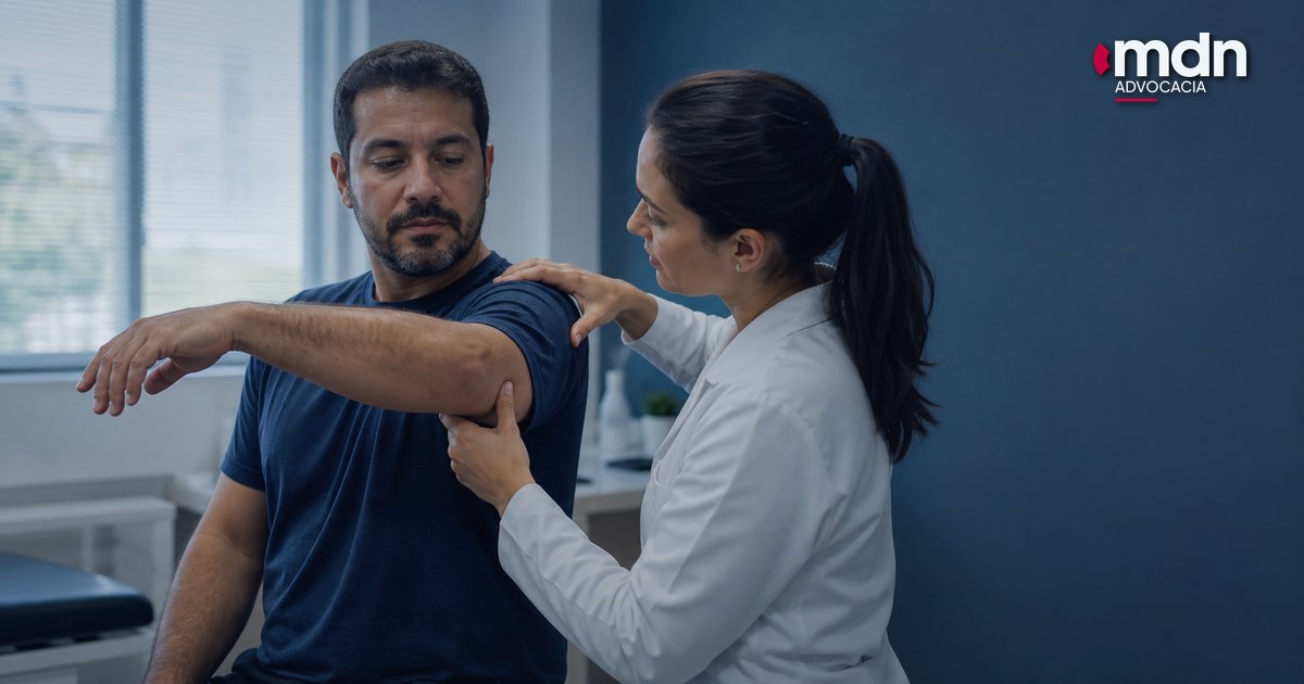 Trabalhador em avaliação de movimento do ombro para artigo sobre tendinopatia do supra-espinhoso.