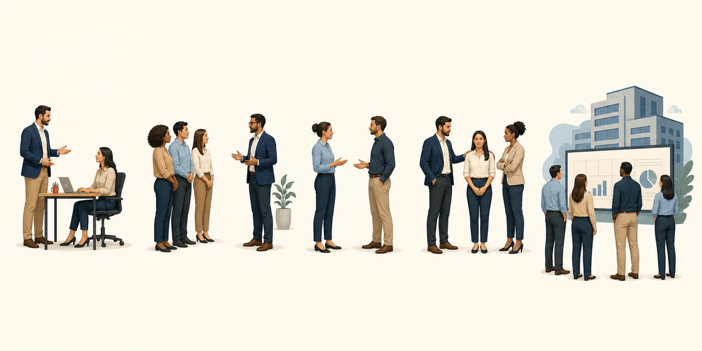 Cinco grupos de trabalhadores representam assédio vertical descendente, ascendente, horizontal, misto e organizacional