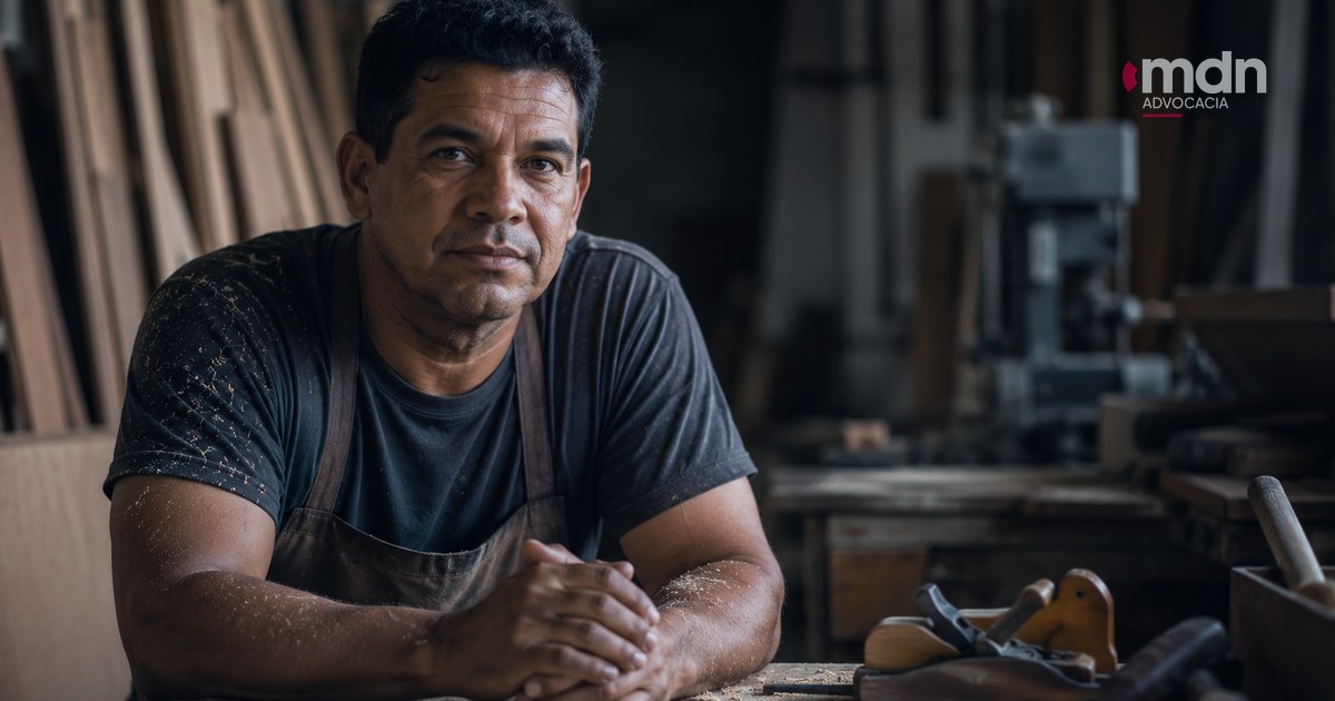 Trabalhador em oficina, ao lado de ferramentas e máquina, representando acidente de trabalho com perda de dedo