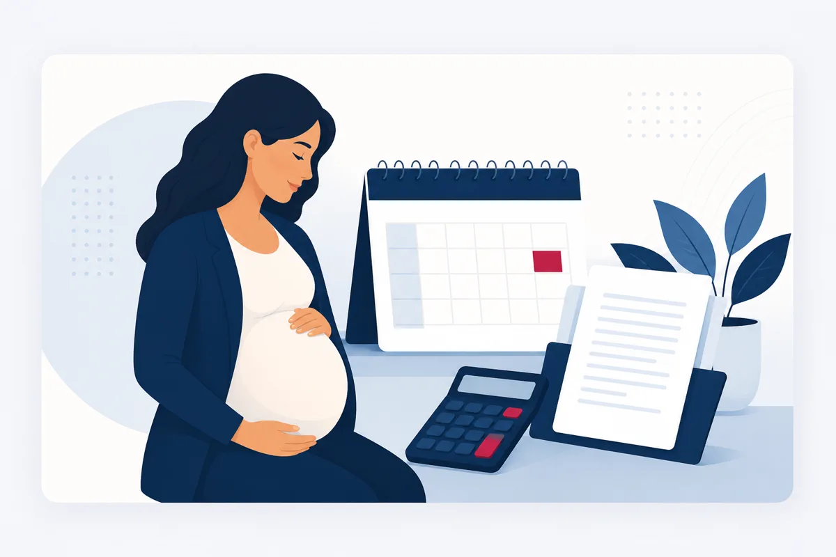 Ilustração de mulher gestante com calendário, documentos e calculadora para estimativa da estabilidade gestante