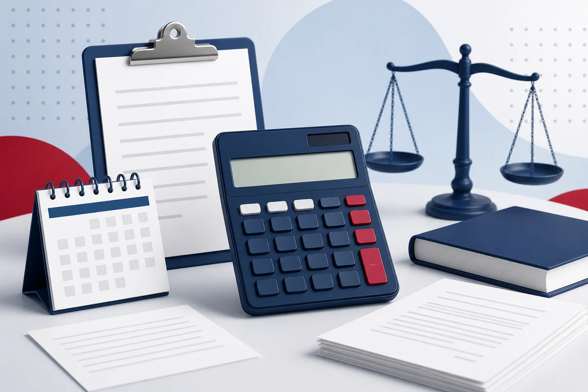 Ilustração com calculadora, documentos, calendário e balança para estimativa de rescisão indireta