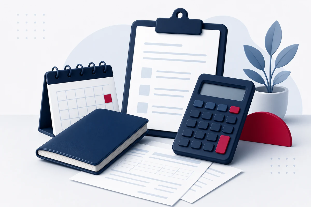 Ilustração com carteira de trabalho, documentos, calendário e calculadora para estimativa de rescisão sem carteira assinada