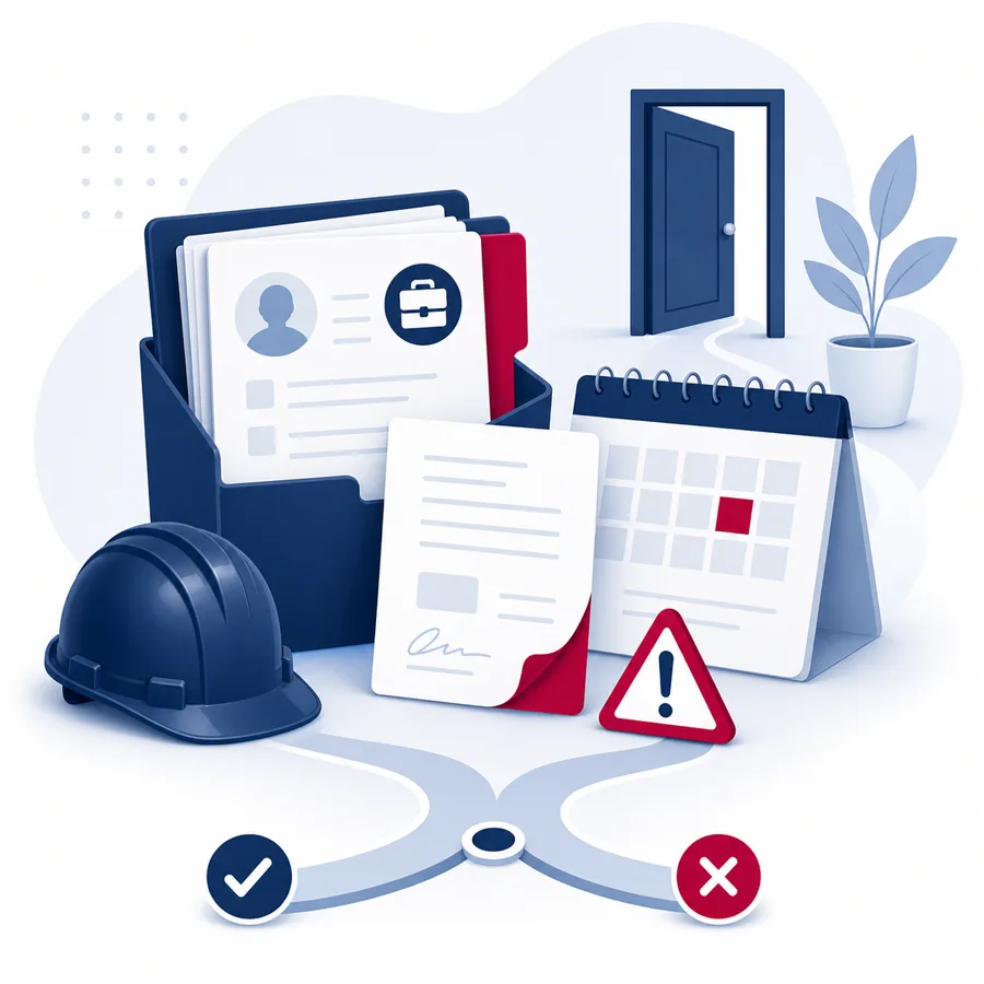 Ilustração de porta, documentos e caminhos para orientar demissão depois de acidente de trabalho