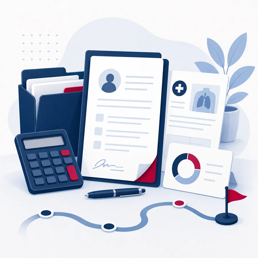 Ilustração de balança, calculadora e documentos para indenização por acidente de trabalho