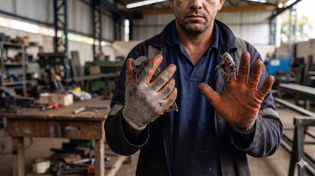 Luva de proteção industrial rasgada na altura do dedo indicador, representando acidente de trabalho com perda de dedo