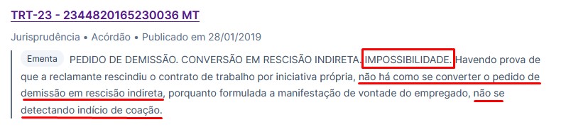 Captura de tela de ementa de acórdão do TRT-23 que afasta a conversão de pedido de demissão em rescisão indireta.