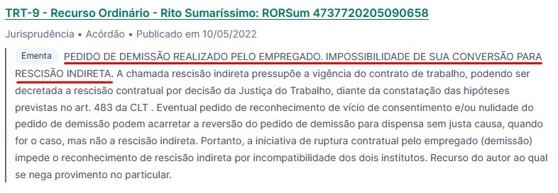 Captura de tela de ementa de acórdão do TRT-9 que afasta a conversão de pedido de demissão em rescisão indireta.