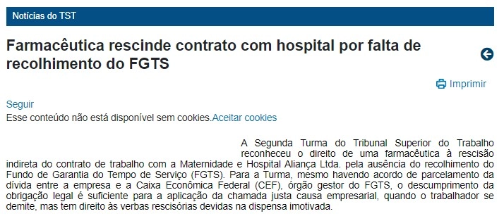 TST reconhece rescisão indireta por ausência de recolhimento do FGTS Captura de tela de notícia do TST sobre farmacêutica que obteve rescisão indireta do contrato por falta de recolhimento do FGTS.