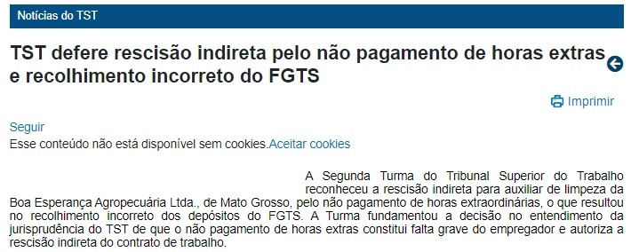 TST reconhece rescisão indireta por horas extras não pagas e FGTS irregular Captura de tela de notícia do TST sobre rescisão indireta por não pagamento de horas extras e recolhimento incorreto do FGTS.