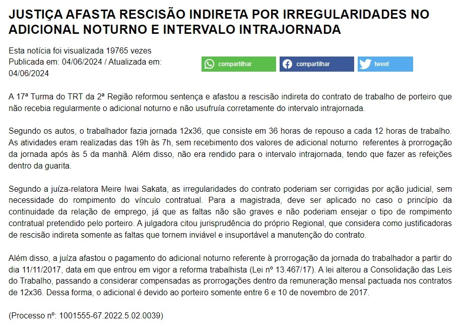 Justiça afasta rescisão indireta por adicional noturno e intervalo intrajornada Captura de tela de notícia sobre decisão da Justiça do Trabalho que afastou a rescisão indireta por irregularidades no adicional noturno e no intervalo intrajornada.