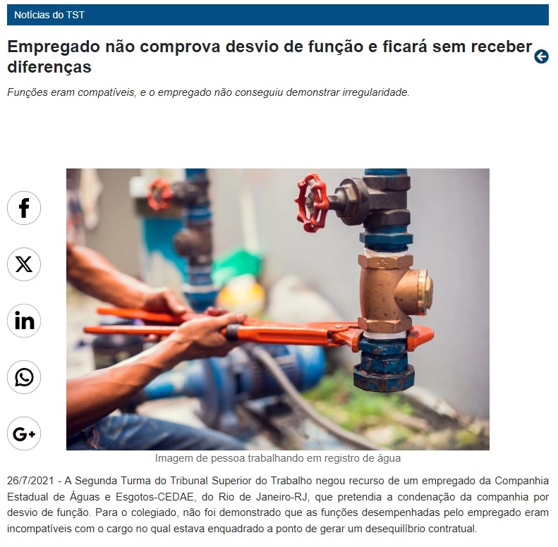 TST afasta pedido por desvio de função Trabalhador realizando manutenção em registro de água, ilustrando notícia do TST que afastou pedido por desvio de função.