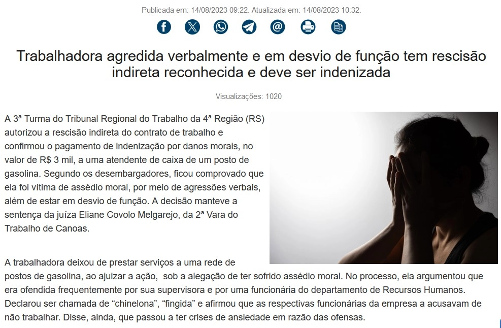 Rescisão indireta reconhecida por assédio moral e desvio de função Mulher com as mãos no rosto, ilustrando notícia sobre reconhecimento de rescisão indireta por assédio moral e desvio de função.