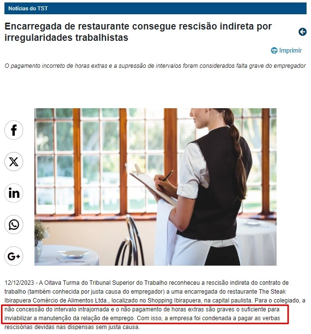 Rescisão indireta reconhecida por irregularidades trabalhistas em restaurante Atendente de restaurante em ambiente de trabalho, ilustrando notícia do TST sobre rescisão indireta por horas extras não pagas e supressão de intervalo.